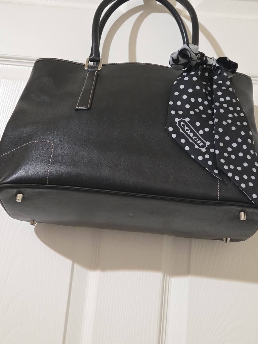 COACH Black Leather Tote with Polka Dot Scarf - Picture 6 of 11